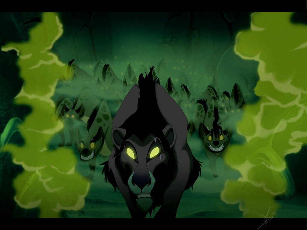 Scene from The Lion King in the hyena's den with billowing green smoke
