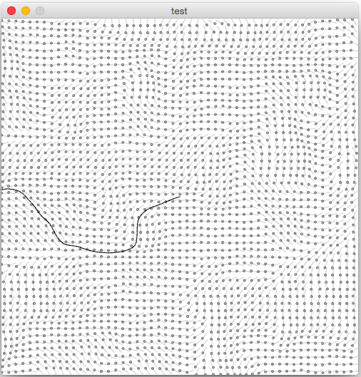 A particle released into a Perlin noise field follows the force lines